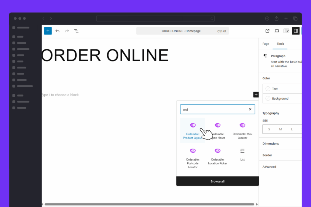Orderable product layout block