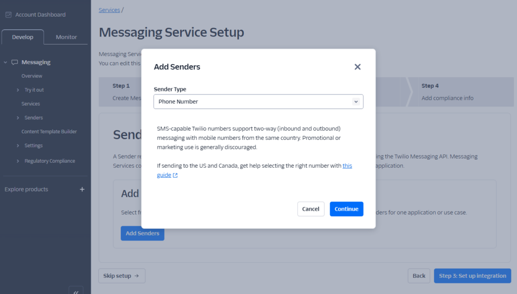 twilio add sender type