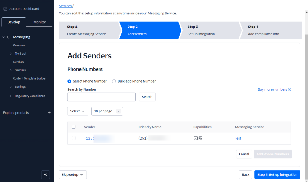 twilio set up integration button
