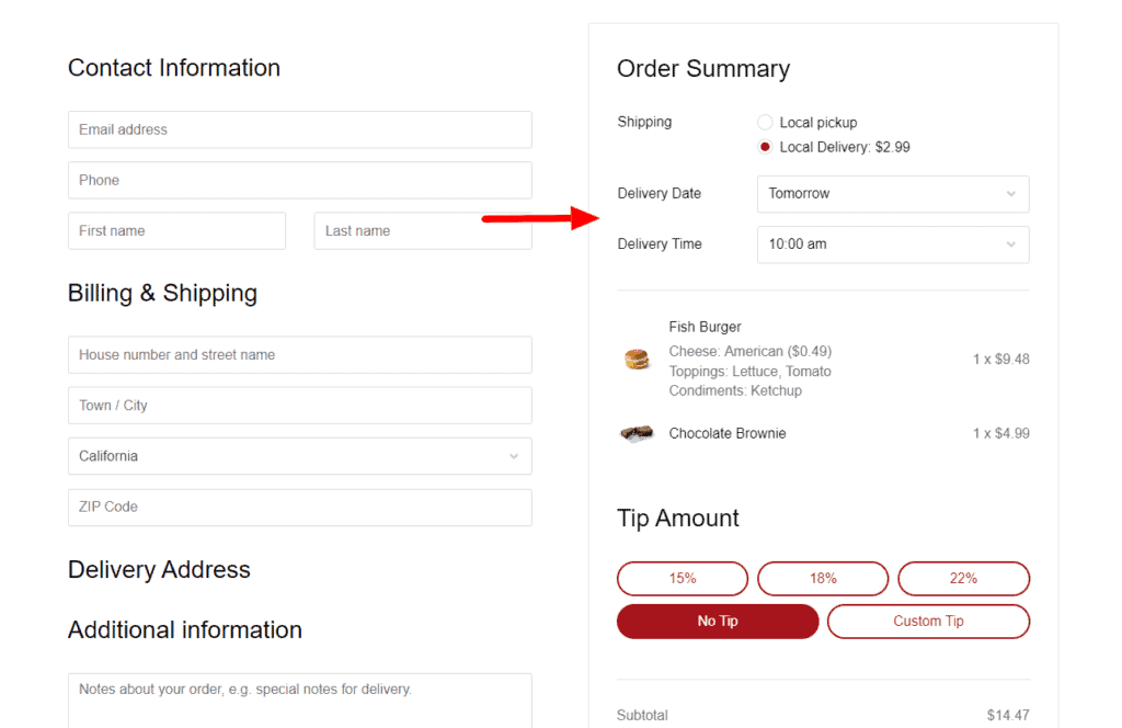 delivery time and date at the checkout