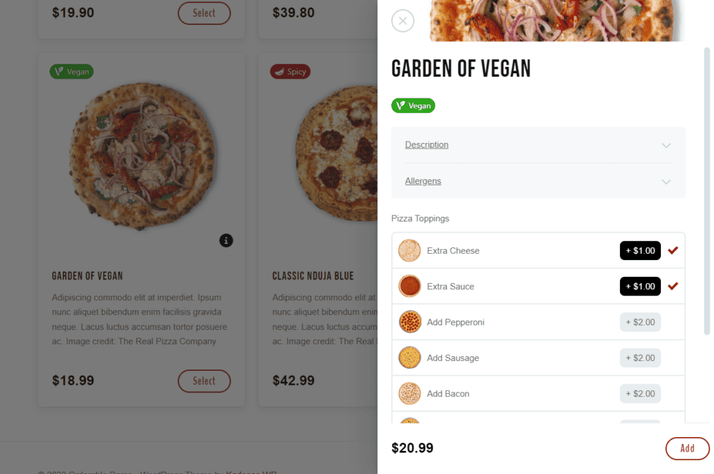 pizza ordering extras
