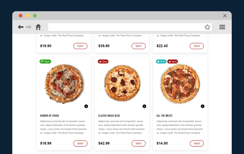 product labels pizza ordering