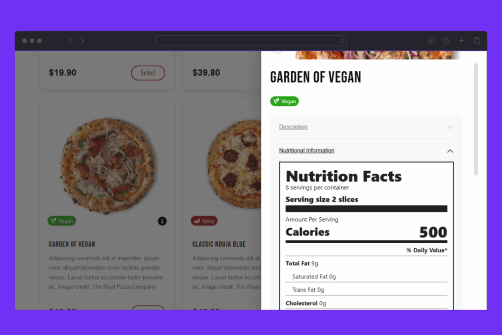nutritional information orderable