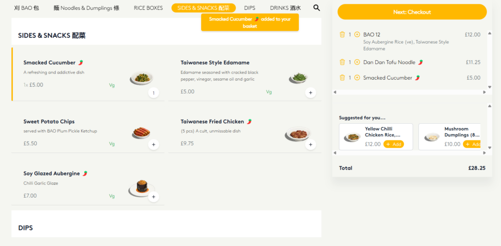 BAO city online ordering menu extras