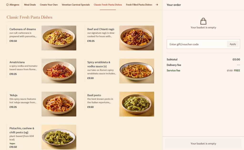 Pasta Evangelists online menu inspiration