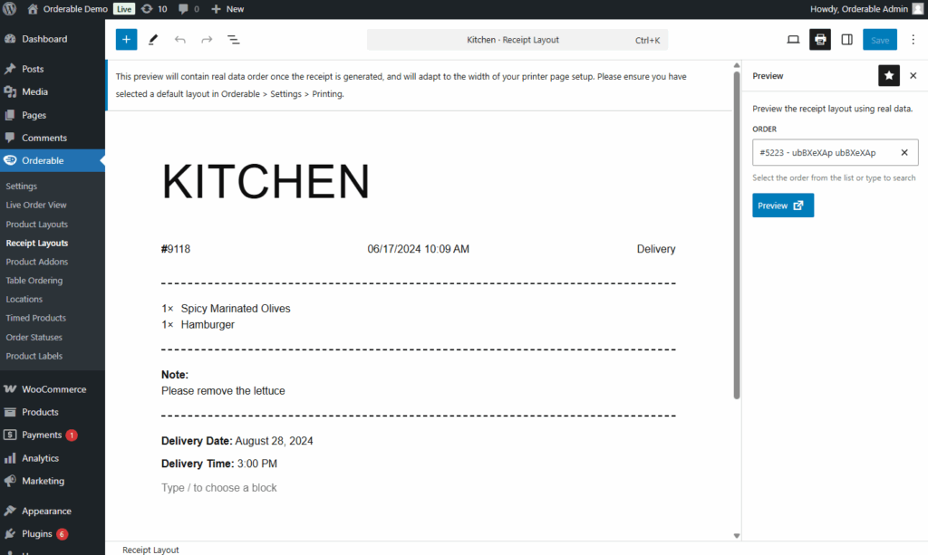 Kitchen receipt preview with order