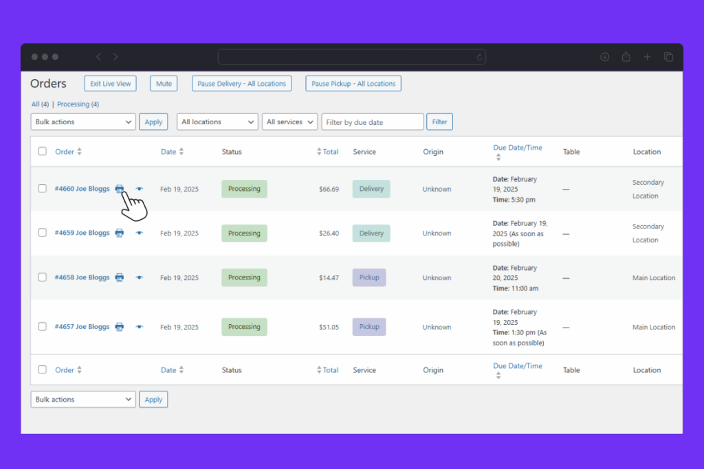 receipt order printing quick print button