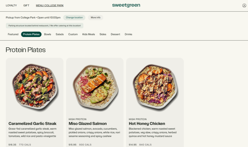 sweetgreen online ordering menu inspiration