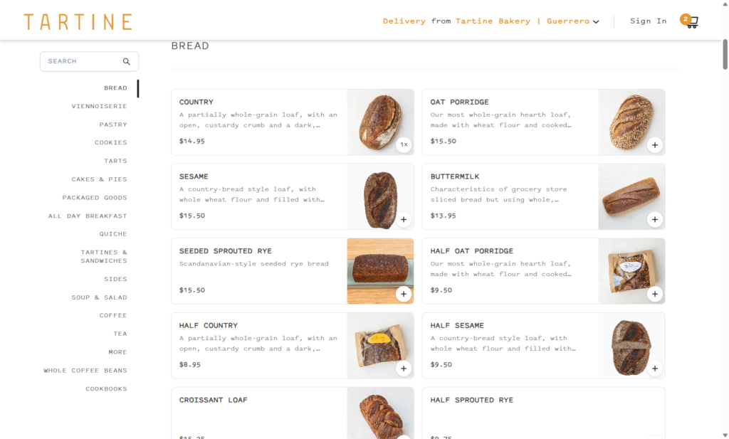 tartine bakery website example