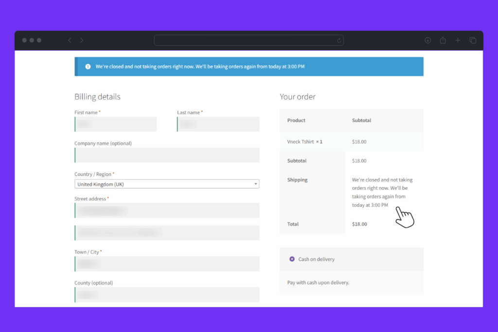 restrict orders checkout message